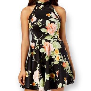 B. DARLIN BLACK & PEACH FLORAL HIGH NECK FIT & FLAIR DRESS SZ.1/2 EUC